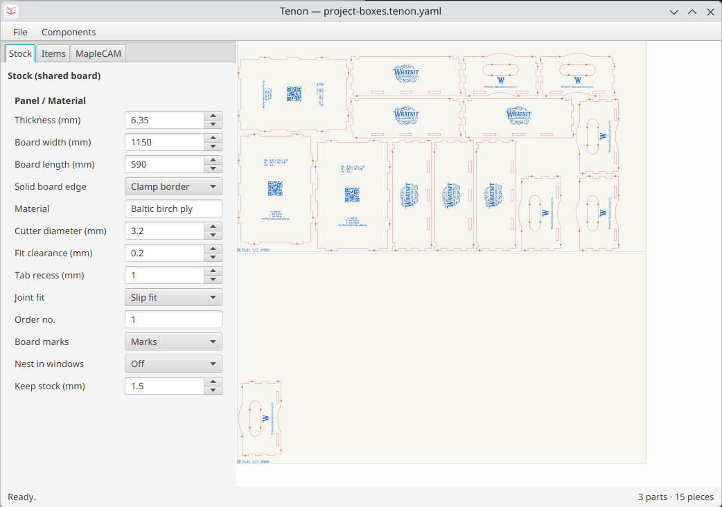 Tenon's stock parameter form beside a live preview of project-box parts nested on the board