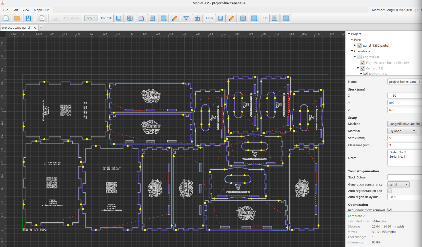 MapleCAM with a panel of project-box parts on stock, cut contours and holding tabs generated over them, and the job's estimated time and distance in the sidebar