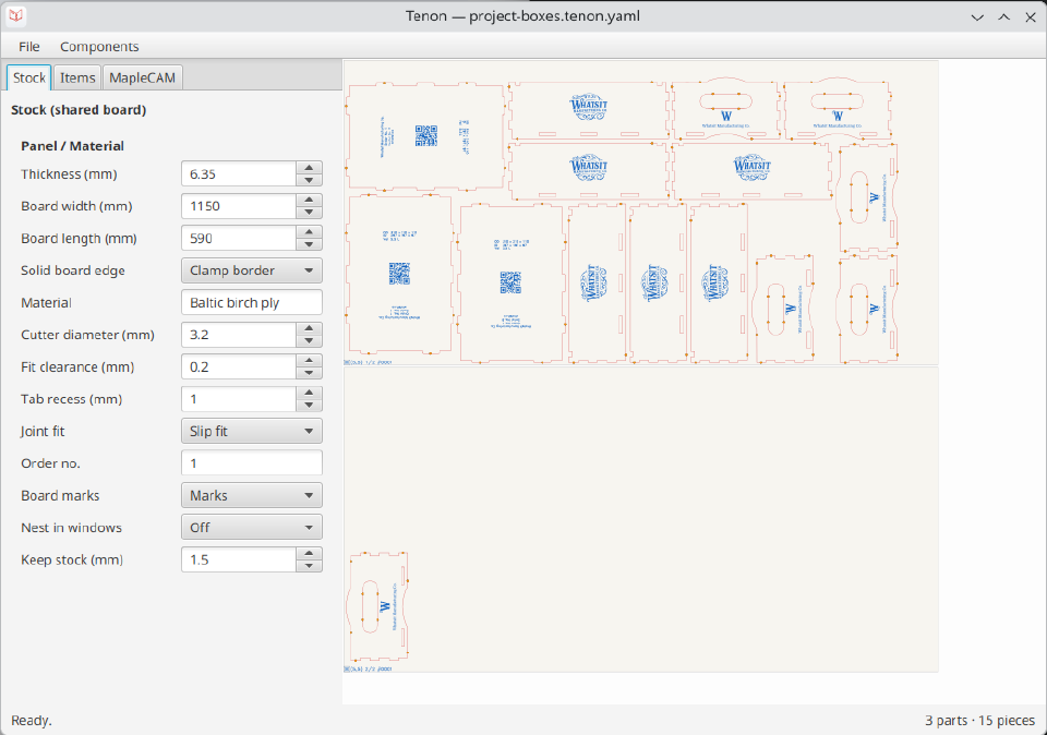 Tenon's stock parameter form beside a live preview of three project boxes nested across two sheets